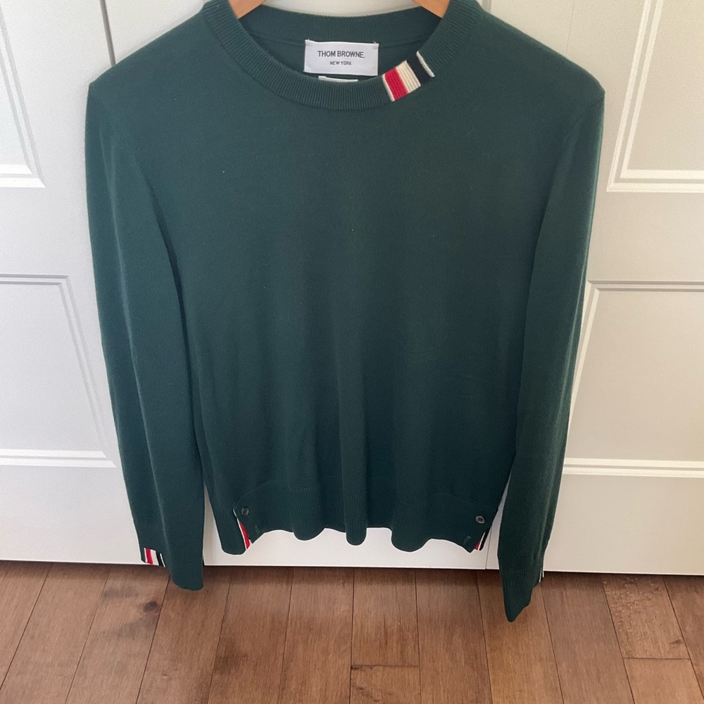 Thom Browne Dark Green Crewneck Sweater with Stripe Accents